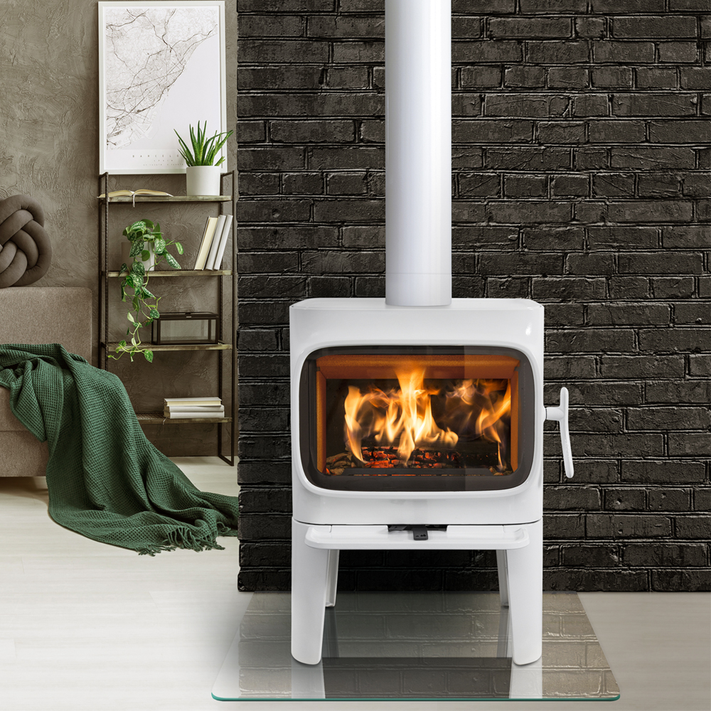 Jotul F305 LL wood burning stove in white enamel