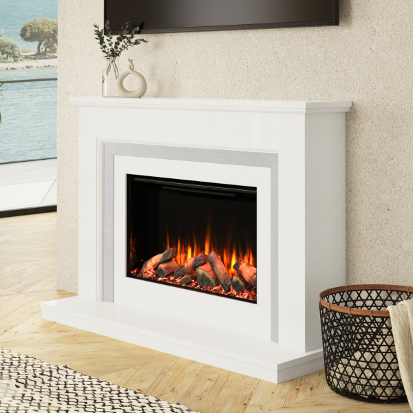 Diamond Fireplaces Orchid Suite in white marble with grey slips