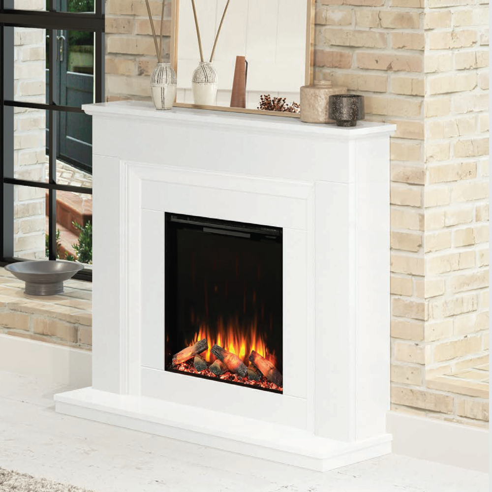Diamond Fireplaces Cedar electric suite in white marble with IQFX-600P fire