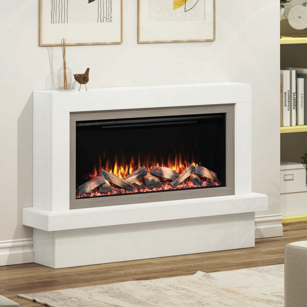 Diamond Fireplaces Hickory Electric Suite in white marble with fossilwood trim