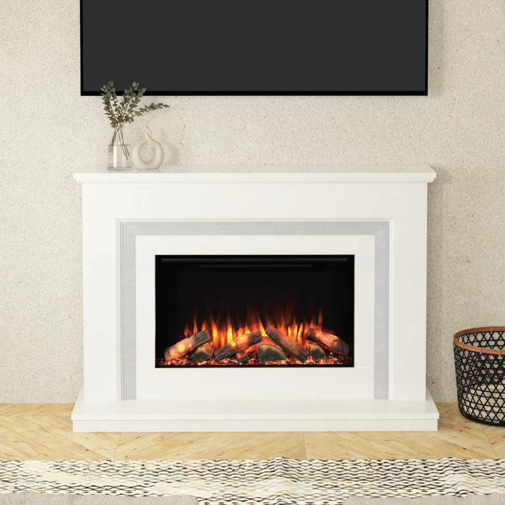 Diamond Fireplaces Orchid electric suite in white/grey marble with IQFX-750L electric fire