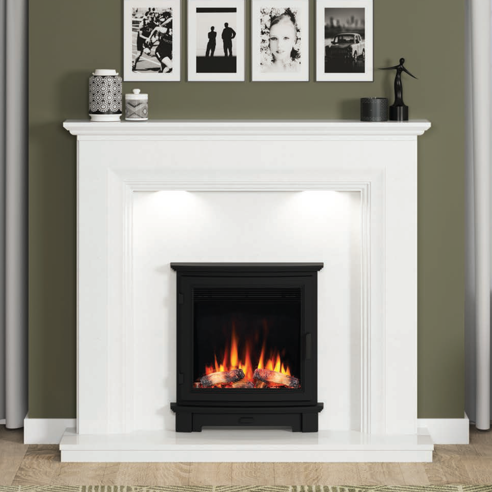 Diamond Fireplaces Rosa electric suite in white marble with IQFX-16 fire