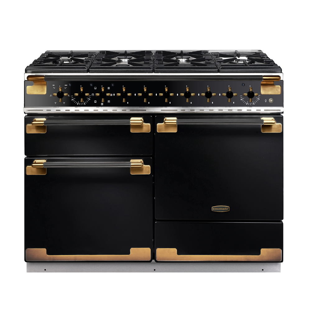 Rangemaster Elise Luxe 110 Dual Fuel range cooker in black with antique brass trim